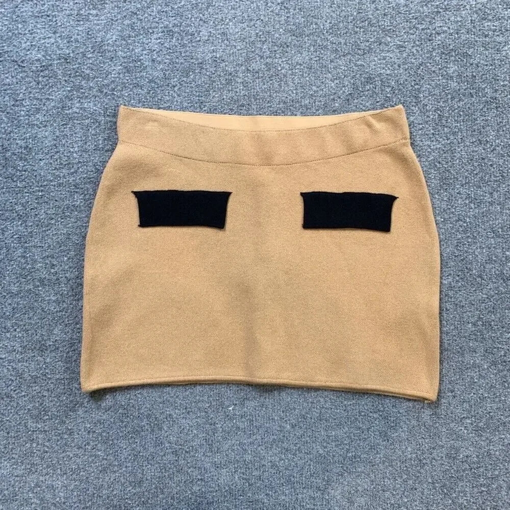 Urban Outfitters Sweater‎ Skirt Womens S Small Wheat Black Contrast Pockets Mini